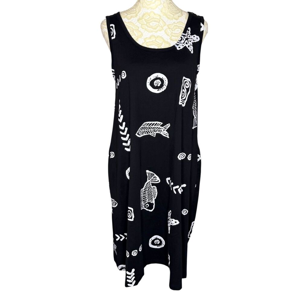 Baba Hawaii A Line Tank Dress Graphic Fish Ocean Beach Black White M bv